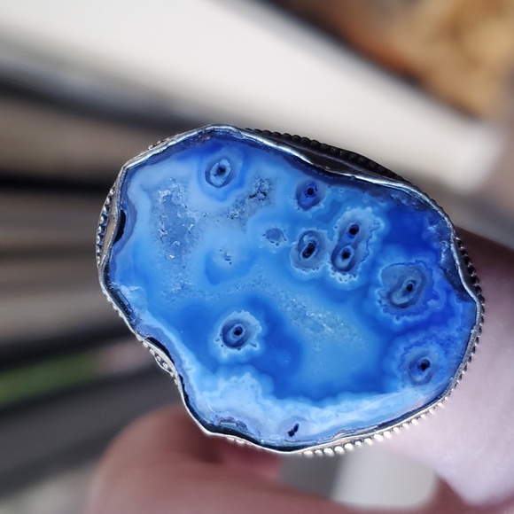 New Blue Solar Quartz Agate Druzy 925 Silver Statement Ring. - Picture 2 of 16